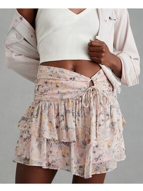 Anthropologie Pink Floral Mini Skirt Ruched Size Small Tiered